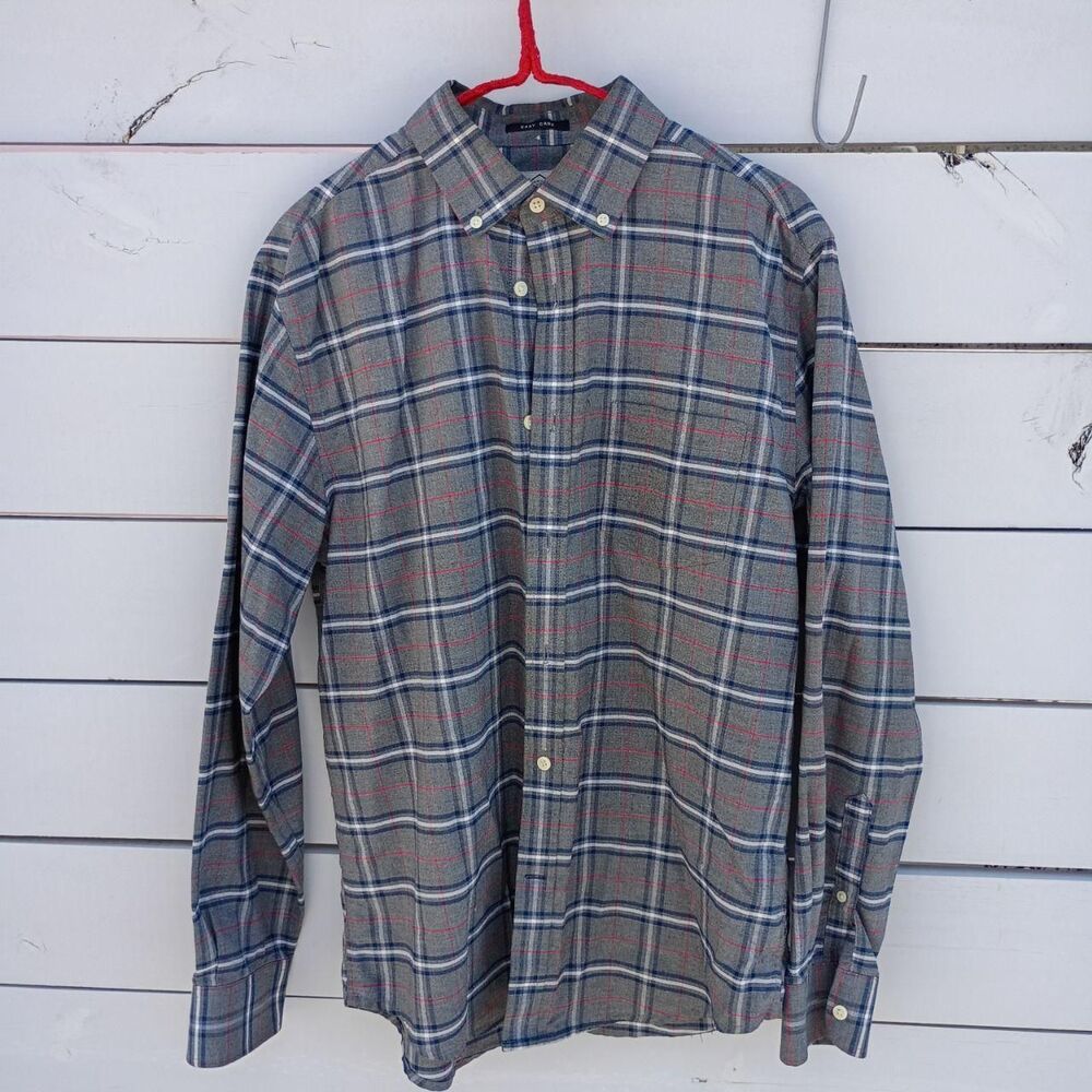 St. John's Bay Men's Grey and Navy Plaid Shirt